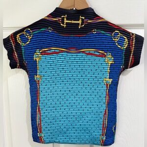 Amber Dawn Stylish Horsebit Blue Textured Strech Crop Shirt 90s Y2K equestrian
